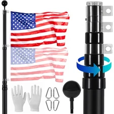 20FT Telescopic Flagpole Kit Heavy Duty Aluminum Flag Pole American Black