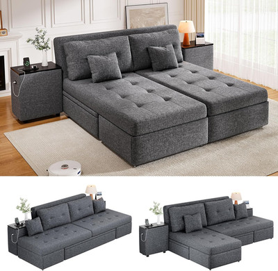 5-in-1 Queen Size Sofa Bed with Storage & USB Ports, Grey Sectional Couch
