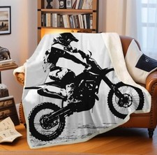Dirt Bike Throw Blanket Motocross Racer Extreme Sports 50 x 60 inch White Black
