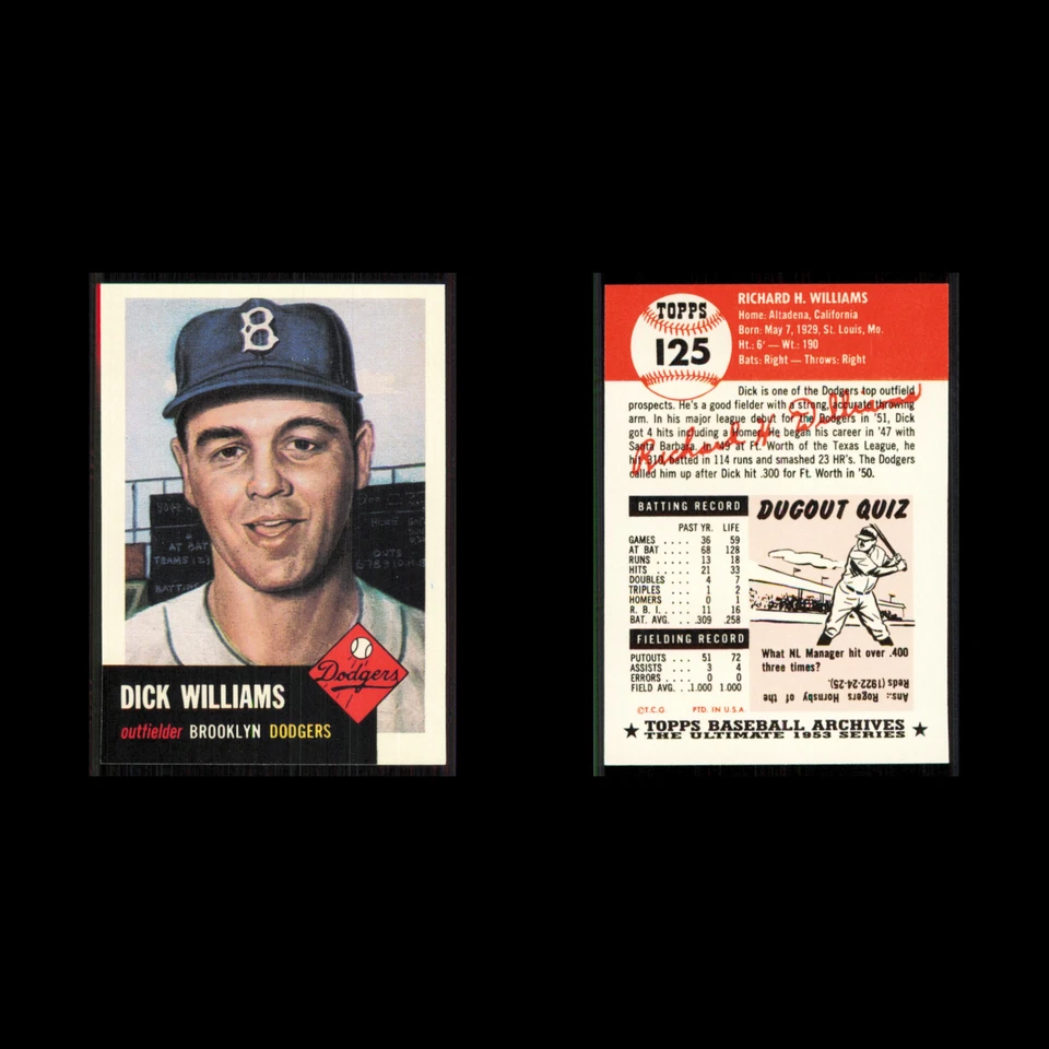 Dick Williams #125 1991 Topps Archives 1953 Brooklyn Dodgers Baseball Card MLB - Image 3 of 3