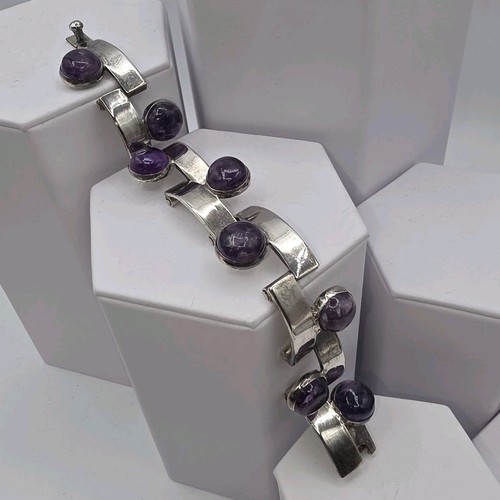 Vintage Taxco AAR Antonio Reina Modernist Sterling Silver Amethyst Bracelet 50g