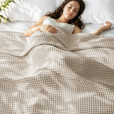 Pre-Washed 100 Cotton Waffle Blanket Queen Size for Bed, 330GSM Lightweight Bre