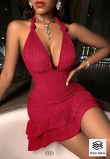 Shein Women’s Size Large Red Halter Top Low Cut Layered Dress CW-635
