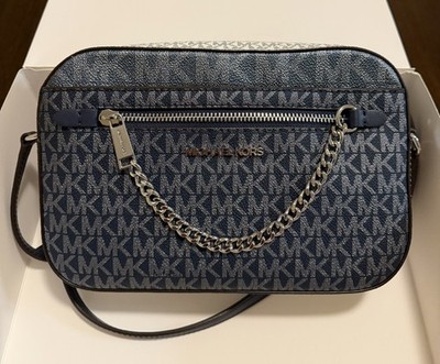 Michael Kors Jet Set Item Large MK Signature Logo Crossbody Bag Navy Blue Marine