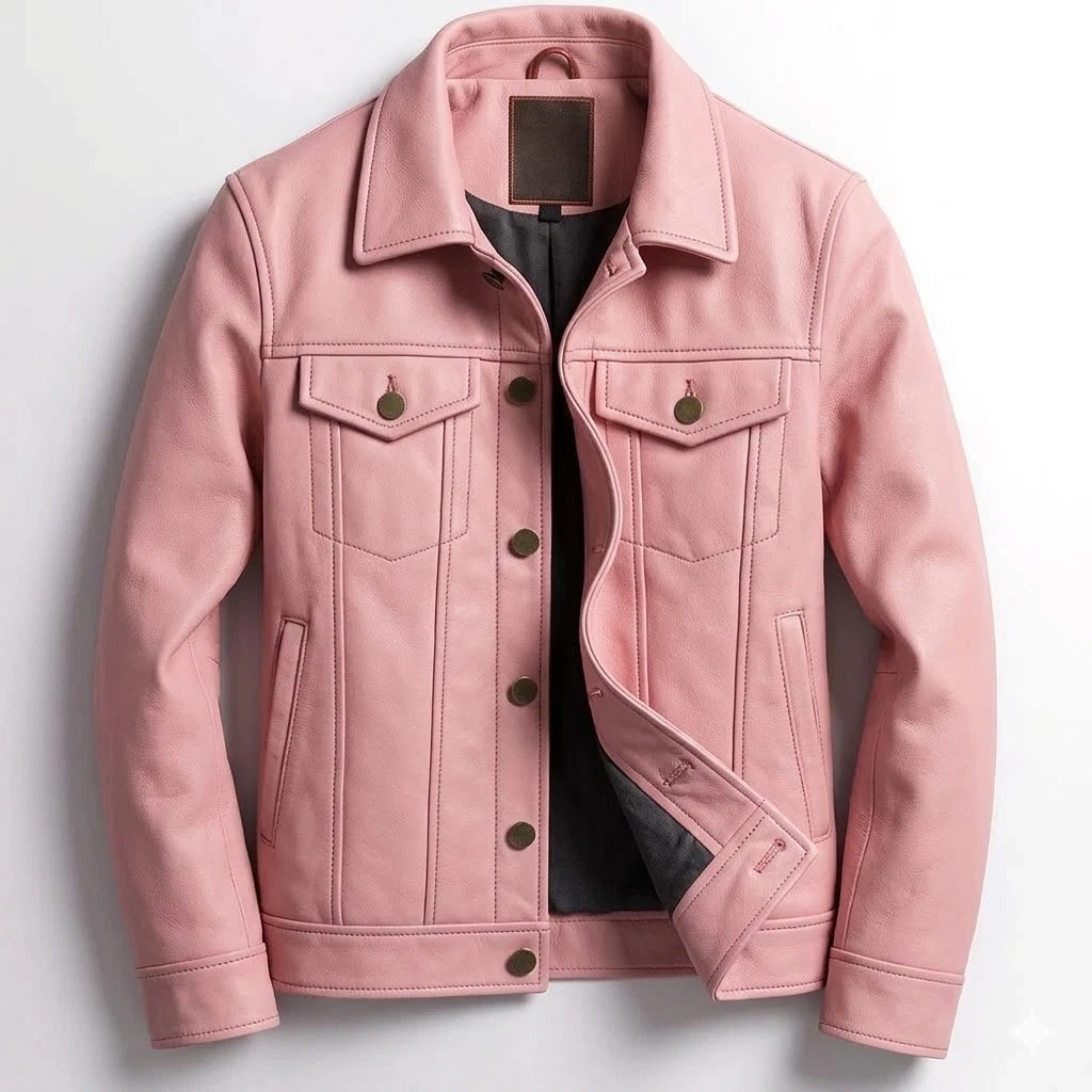 BABY PINK Men's Genuine Lambskin Leather Trucker Jacket Denim Style jacket