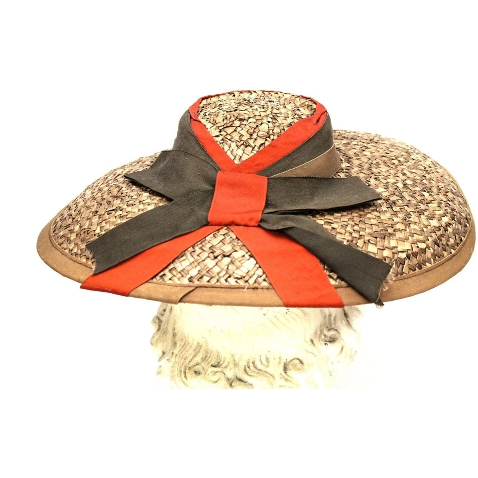Vintage Wide Brimmed Straw Hat 1940s Brown New York Creation WW2 Guernsey Pie - Image 4 of 4