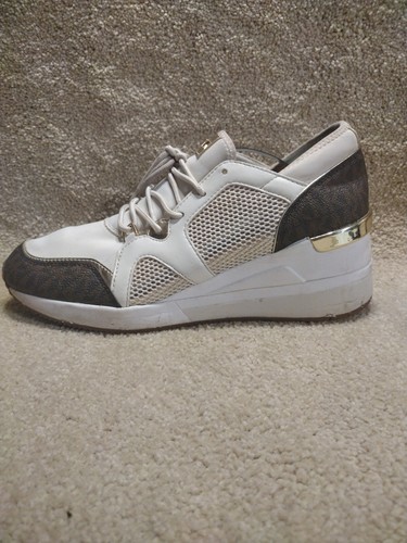 Michael Kors Womens Size 9M White Brown & Gold Wedge Sneaker Shoes With MK Logo - Picture 5 of 12