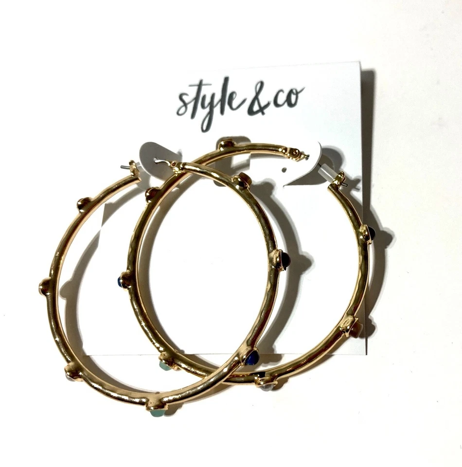 NUEVO ESTILO & CO PLATA MEDIO ROJO AZUL ESTACIÓN PIEDRA PENDIENTES ARO 2" NUEVO CON ETIQUETAS Foto 3 de 4