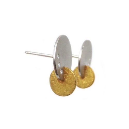 Modern ~0.10CT Diamond Disc Design Earrings 18K White & Yellow Gold - Picture 7 of 12