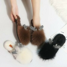 Women Furry House Slippers Faux Fur Rhinestone Antler Slip on Flats Shoes