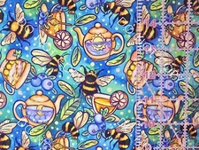 100% Cotton Woven Novelty Fabric Honey Bees And Teas By The 1/4 Yard 9x56