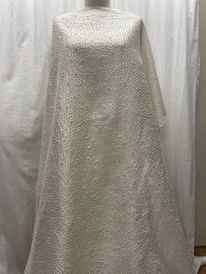 100% Silk Hand-Beaded Pearls Densely Scattered on White Fabric by the Yard 44" - Image 2 of 4