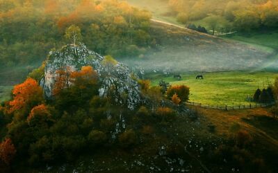 Landscape nature mist fall forest fence grass horse hut Custom Gaming Mat Desk