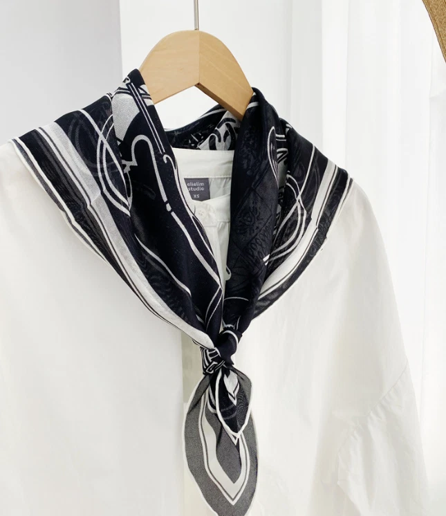 100%Silk Mulberry Wrap Shawl Square Black Carriage Print Bandanna Scarf 65X65cm