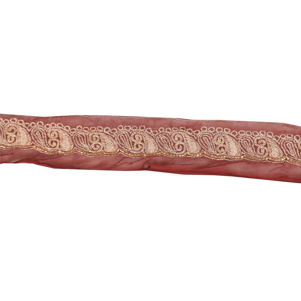 Sanskriti Vintage Sari Border Hand Beaded 1 Yd Trims Decor 1.5'W Ribbron Maroon - Image 4 of 4