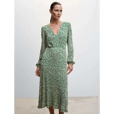 Mango Crinkle A-Line Midi Dress in Green and White Floral - Size US 8
