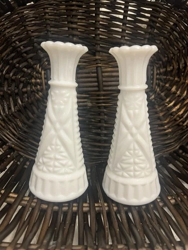 Vintage Anchor Hocking White Milk Glass Set/2 Stars & Bars Flower Bud Vases 6"