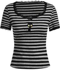 Whimsigoth Embroidered Black Cat Striped Crop Top Lace Details Bow Witchy Size*S