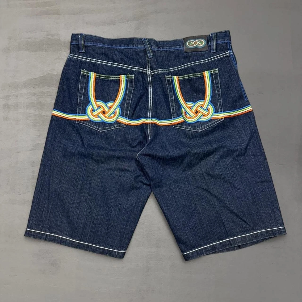 Y2K Evolution In Design Denim Shorts Blue Rainbow Embroidered Baggy Jorts 44