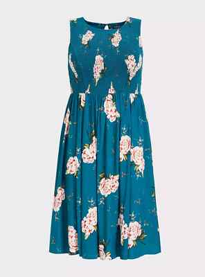 Torrid Midi Challis Smocked Floral High Neck Dress Blue 1 1X 14 16
