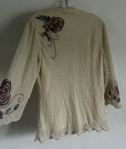 VINTAGE JACQUES VERT CREAM IVORY SILK SEQUINS LONG SLEEVES BLOUSE SIZE:12 - Picture 2 of 12