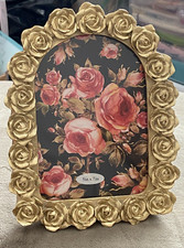 Metallic GOLD 3-D ROSES Flower PICTURE FRAME holds 5  x 7  photo