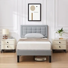 VECELO Bed Frame Twin/Full/Queen Size Upholstered Headboard Strong Slat Support