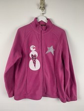 Christmas Holiday Fleece Jacket Women Xl Pink Snowman Heart Stars Full Zip