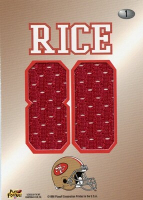 JERRY RICE ( 1998 ) TRIPLE ( RED ) PLAYOFF JERSEY 49ERS TEAM THREADS CARD