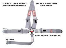 RACERDIRECT 5 POINT 3" SFI 16.1 CAM LOCK RACING HARNESS V MOUNT GREY