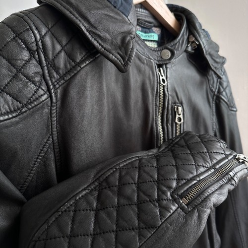 Scotch & Soda Black Leather Hooded Zip Moto Biker Jacket RARE Small - Picture 5 of 13