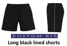 Mens track shorts, black, white piping, long, lined, NEW Game Gear Kustom Kit