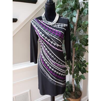 London Times Shift Dress Womens Size 8 Multi Stretchy Slinky Boat Neck Pullover
