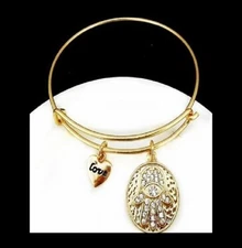  EXPANDABLE WIRE GOLD TONE HAMSA HAND OF FATIMA & LOVE CHARM BANGLE BRACELET