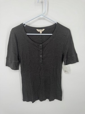Lucky Brand Top Womens Large Charcoal Gray Cotton Blend Short Sleeve Henley NWT