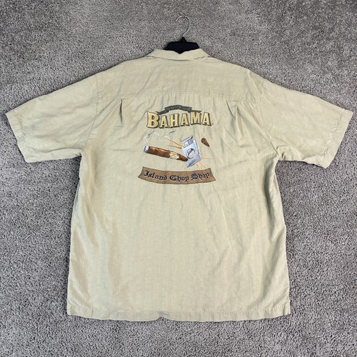 Tommy Bahama Hemd Herren Large hellbraun Seide Island Chop Shop bestickt Zigarre Freizeit - Bild 2 von 11