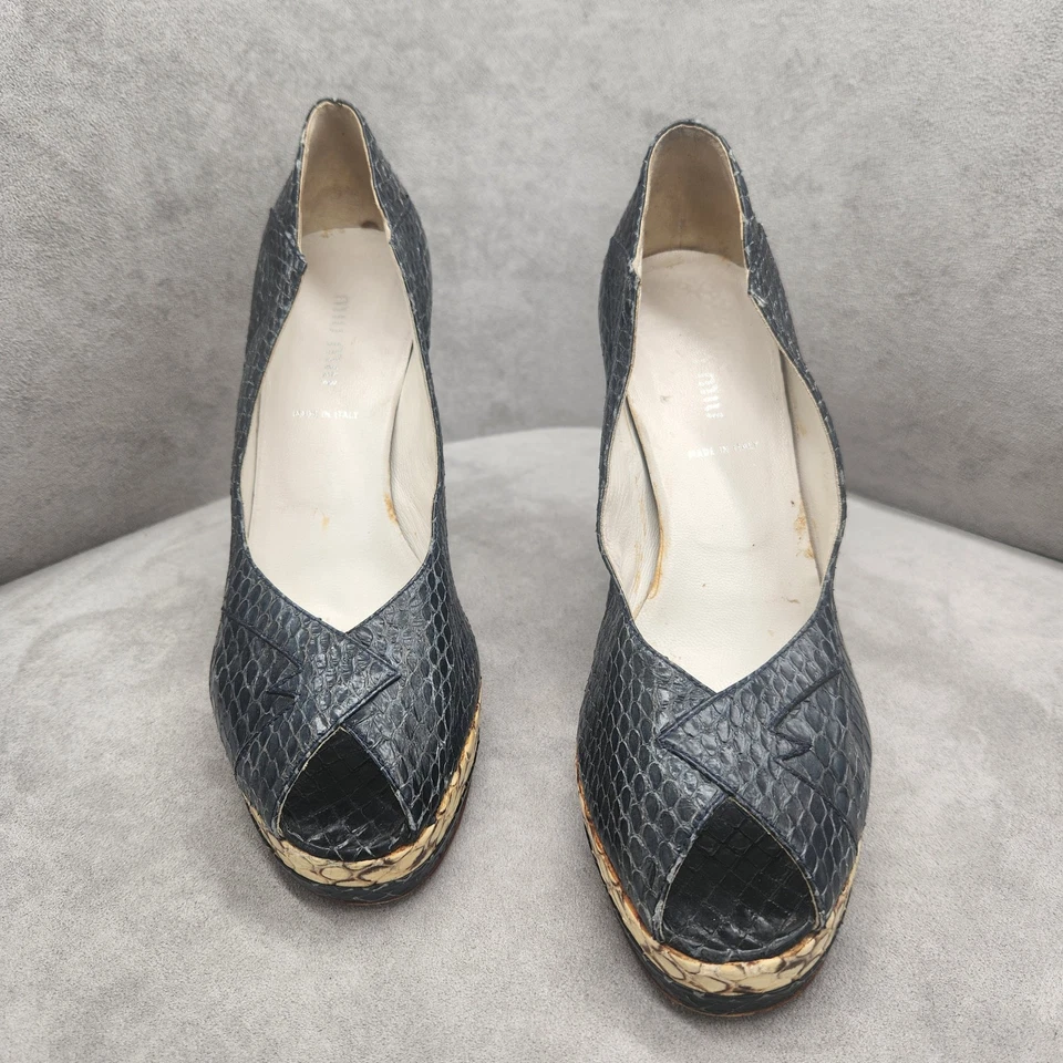 Zapatos de salón vintage Y2K Miu Miu para mujer 7 azul pitón cuero látigos plataforma pasarela Foto 4 de 4