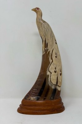 Vintage Hand Carved Water Buffalo Horn Sculpture Peacock Bird
