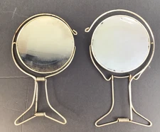2 antique 1920's Magnifying Round chrome Folding Wire shaving Make-Up Mirrors