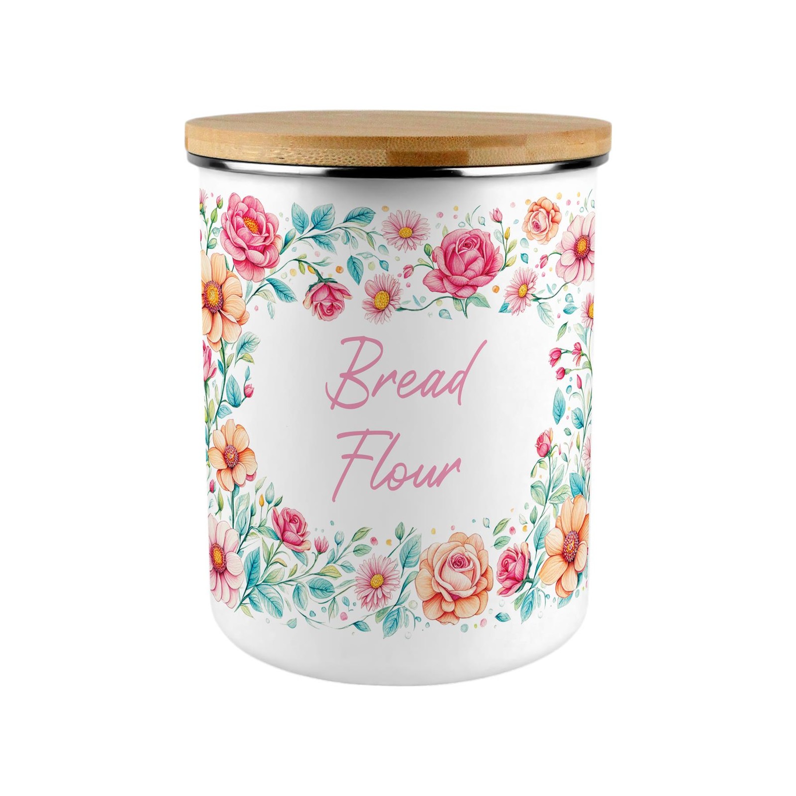 Pink Roses Bread Flour Storage Canister - 2.7L Extra-Large Enamel Kitchen Gifts