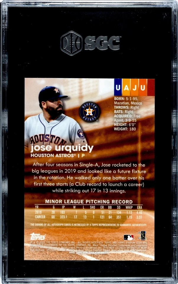 2020 Topps Stadium Club Chrome Jose Urquidy RC SGC 10 w/10 Auto Autograph - Image 2 of 2