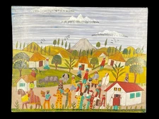 Francisco Quindipalle Naive Folk Art Painting on Leather Community Festivities