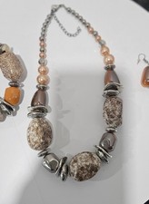 Chunky Beaded Necklace, Bracelet, and Earrings Set in Silver tone, Brown