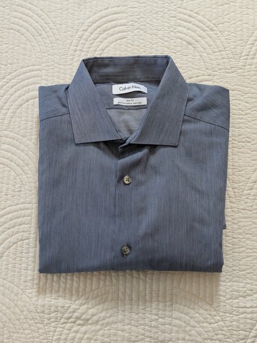 Calvin Klein Vestito Camicia Uomo 16 32/33 Slim Fit Grigio Performance Non Ferro - Foto 5 di 8