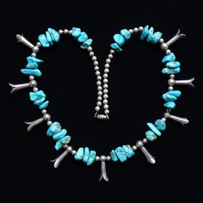 Vint Native American Squash Blossom Necklace Bench Beads Turquoise Nuggets 25 in