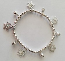 Silver Toned Christmas Bells Snowflake Stretch Bracelet