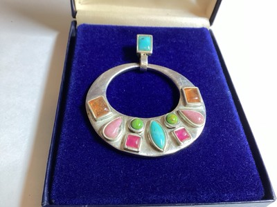 Barse Sterling Silver 925 Turquoise & multi-stone Circle Pendant Vtg Free Ship