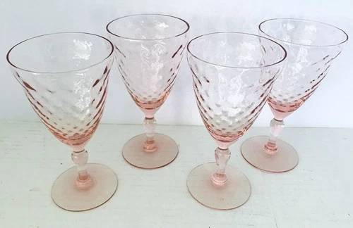 Pink Depression Vintage Elegant Glass Water/ Wine Goblets Diamond Set of 4