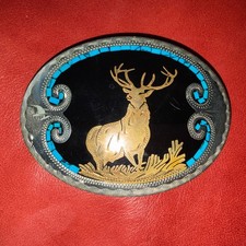 Vtg Johnson Held Belt Buckle Elk Big Western 3.75 Inlay USA Made Read