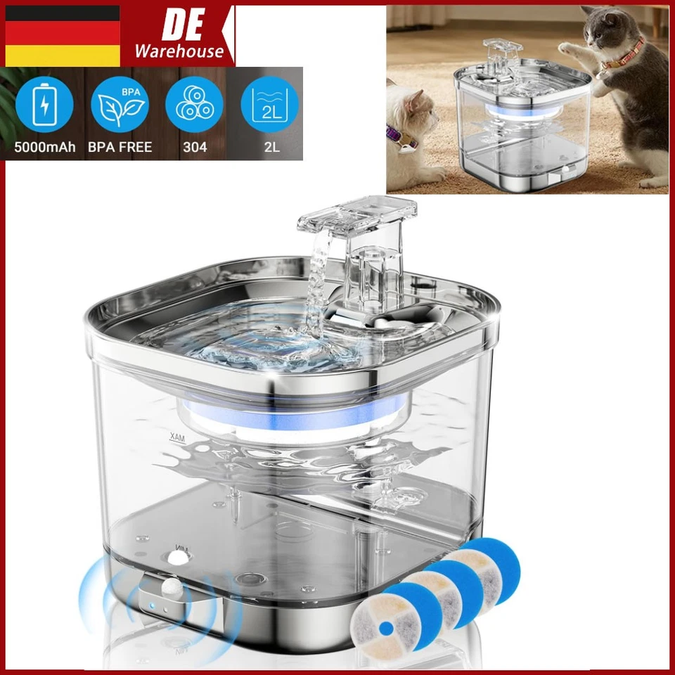 Katzenbrunnen Drahtlose Wasserpumpe Ultraleise 2L Sichtbarer Wasserstand-5000mAh